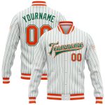 Custom Team Name Number Varsity Letterman Jacket Bomber White Kelly Green Pinstripe Full-Snap Personalized Personalized White