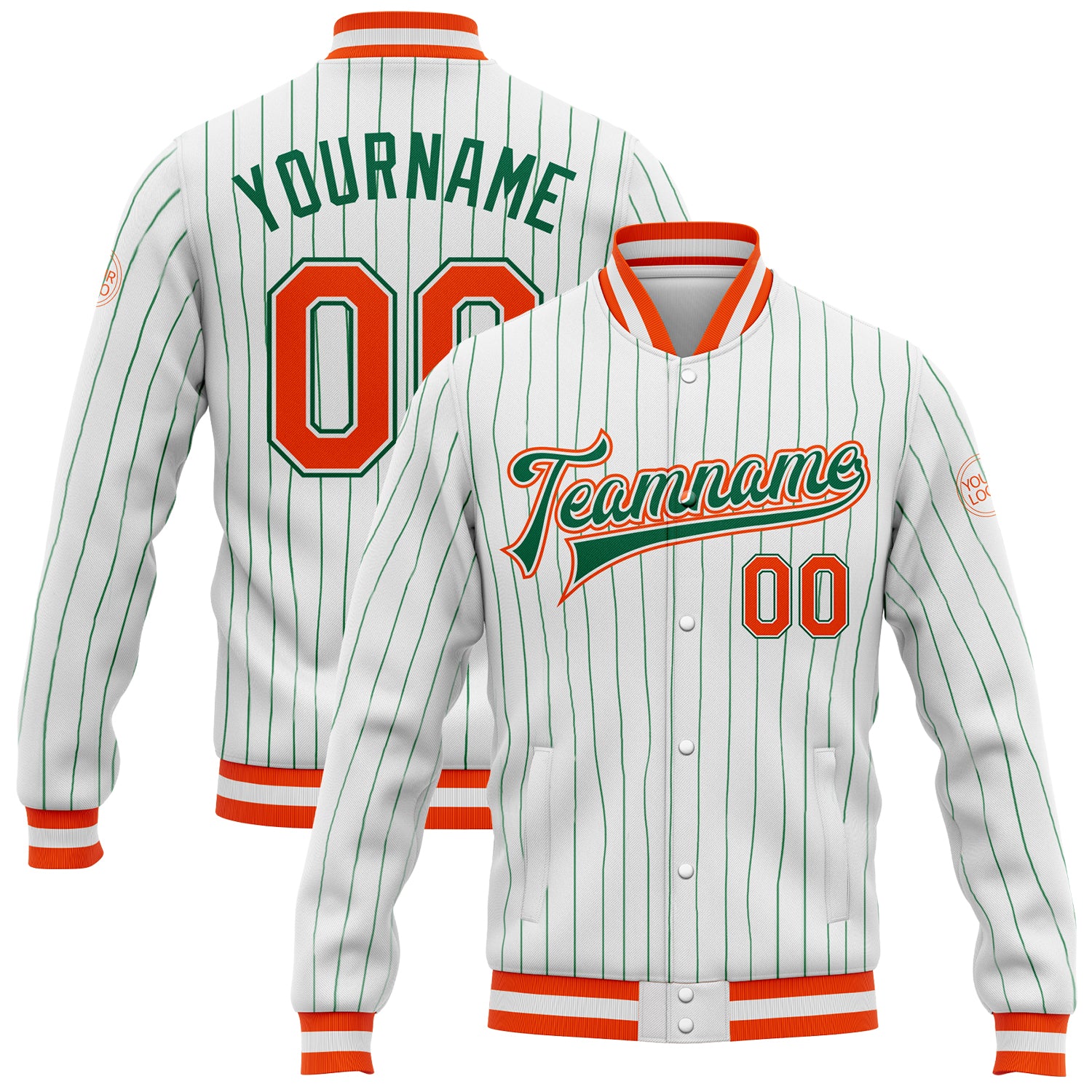 Custom Team Name Number Varsity Letterman Jacket Bomber White Kelly Green Pinstripe Full-Snap Personalized Personalized White