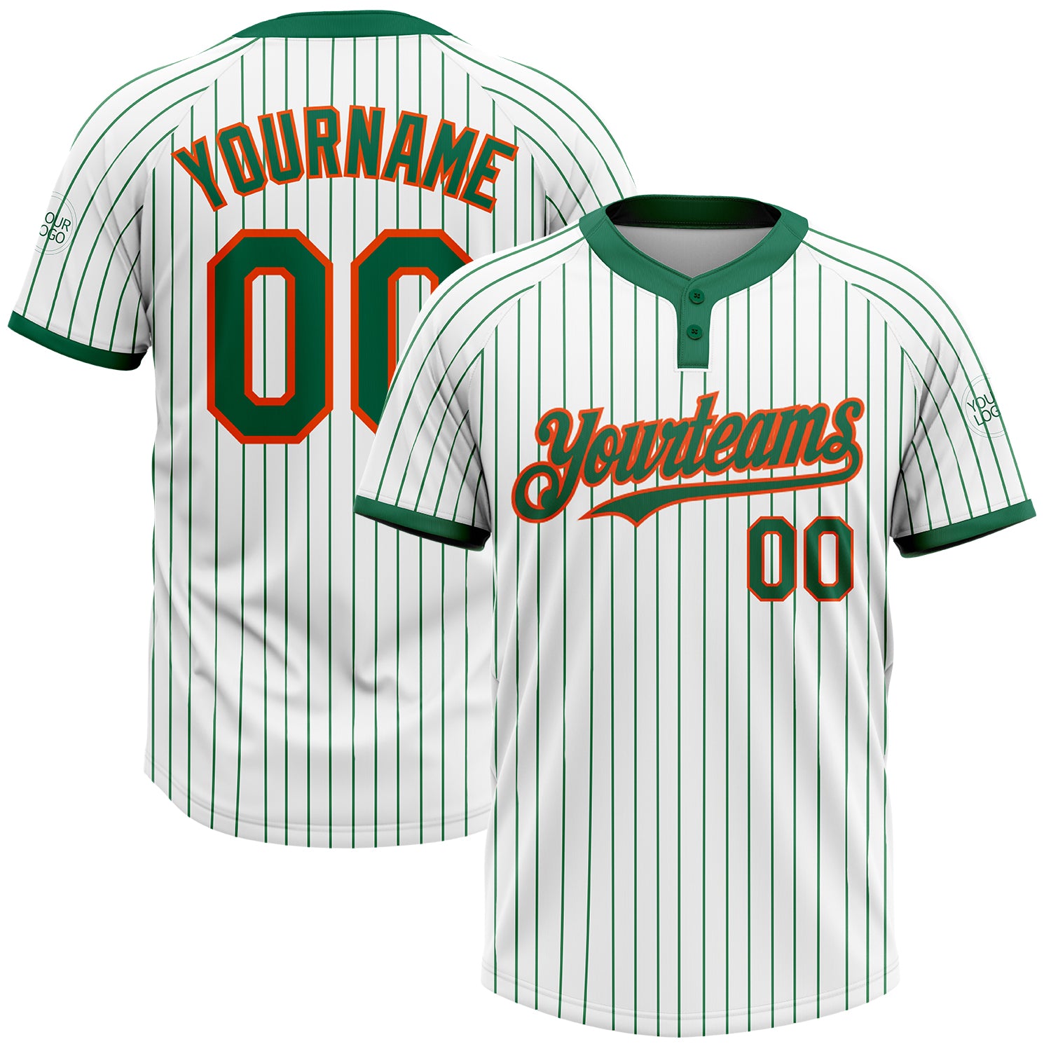 Custom Unisex Softball Jersey with Personalized Name and Number - White Kelly Green Pinstripe Two-Button Design Personalized