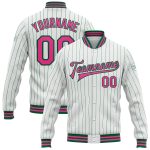 Custom Name and Number Varsity Letterman Jacket - Personalized Pink Bomber in White and Kelly Green Pinstripe Personalized