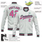 Custom Name and Number Varsity Letterman Jacket - Personalized Pink Bomber in White and Kelly Green Pinstripe Personalized