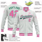 Custom Team Varsity Letterman Jacket with Personalized Name & Number, White Kelly Green Pinstripe Bomber Full-Snap Personalized