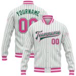 Custom Team Varsity Letterman Jacket with Personalized Name & Number, White Kelly Green Pinstripe Bomber Full-Snap Personalized