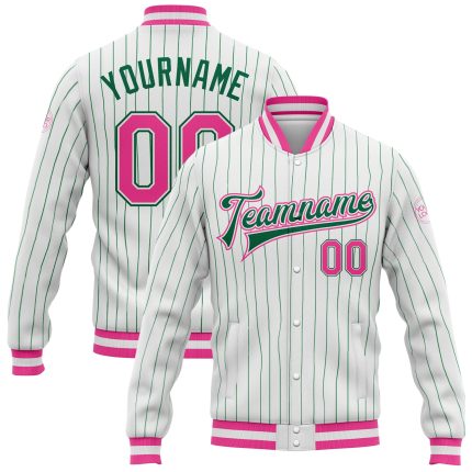Custom Team Varsity Letterman Jacket with Personalized Name & Number, White Kelly Green Pinstripe Bomber Full-Snap Personalized