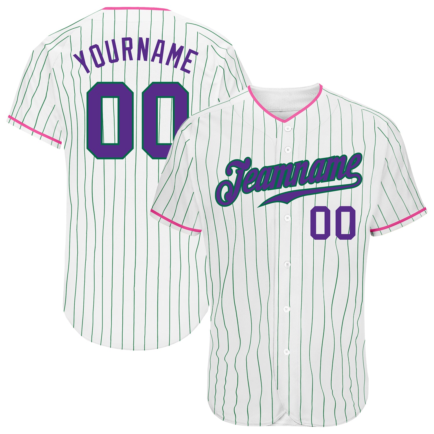 Custom Name Number Authentic Baseball Jersey - Personalized White Kelly Green Pinstripe in Purple-Pink Personalized White