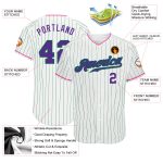 Custom Name Number Authentic Baseball Jersey - Personalized White Kelly Green Pinstripe in Purple-Pink Personalized White