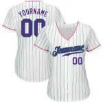 Custom Name Number Authentic Baseball Jersey - Personalized White Kelly Green Pinstripe in Purple-Pink Personalized White