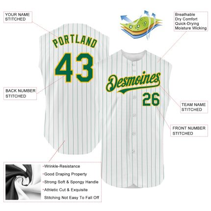 Custom Name and Number Baseball Jersey - Authentic White Kelly Green Pinstripe Sleeveless Design Personalized White Kelly
