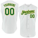Custom Name and Number Baseball Jersey - Authentic White Kelly Green Pinstripe Sleeveless Design Personalized White Kelly