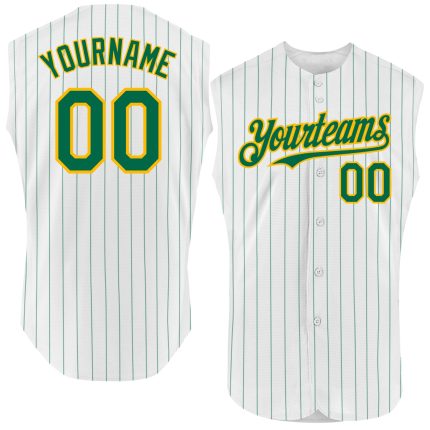 Custom Name and Number Baseball Jersey - Authentic White Kelly Green Pinstripe Sleeveless Design Personalized White Kelly