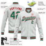 Custom Team Name Number Varsity Letterman Jacket Red Bomber with White Kelly Green Pinstripe Personalized White Kelly Green