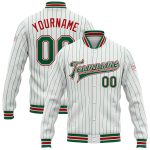 Custom Team Name Number Varsity Letterman Jacket Red Bomber with White Kelly Green Pinstripe Personalized White Kelly Green