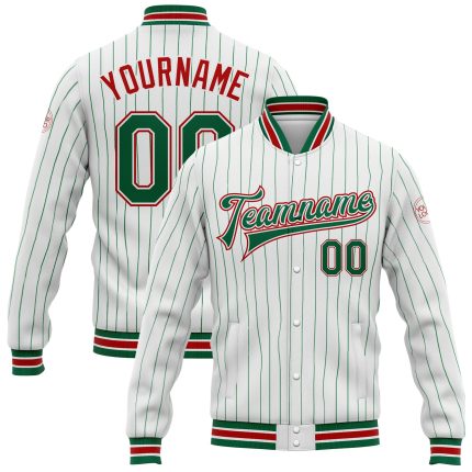Custom Team Name Number Varsity Letterman Jacket Red Bomber with White Kelly Green Pinstripe Personalized White Kelly Green