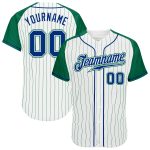 Custom Name Number Personalized Baseball Jersey Royal-Kelly Green White Kelly Green Pinstripe Raglan Sleeves Personalized