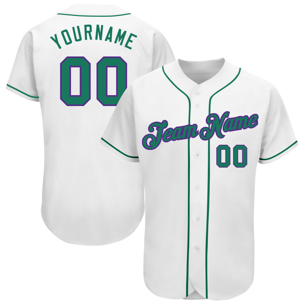 Custom Name and Number Personalized Authentic Baseball Jersey in White Kelly Green and Purple Personalized White Kelly Green-Purple