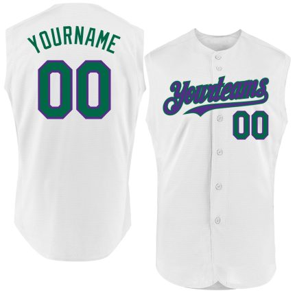 Custom Personalized Baseball Jersey with Name and Number - Authentic Sleeveless in White Kelly Green & Purple Personalized