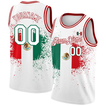 Personalized 3D Mexican Flag Basketball Jersey in White Kelly Green-Red Authentic Design Personalized White Kelly Green-Red