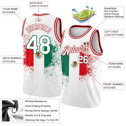 Personalized 3D Mexican Flag Basketball Jersey in White Kelly Green-Red Authentic Design Personalized White Kelly Green-Red