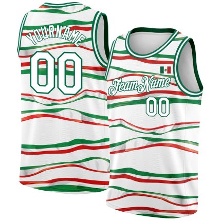 Custom 3D Mexican Flag Basketball Jersey with Personalized Name & Number - White Kelly Green-Red Personalized White Kelly