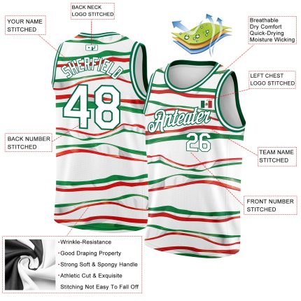 Custom 3D Mexican Flag Basketball Jersey with Personalized Name & Number - White Kelly Green-Red Personalized White Kelly