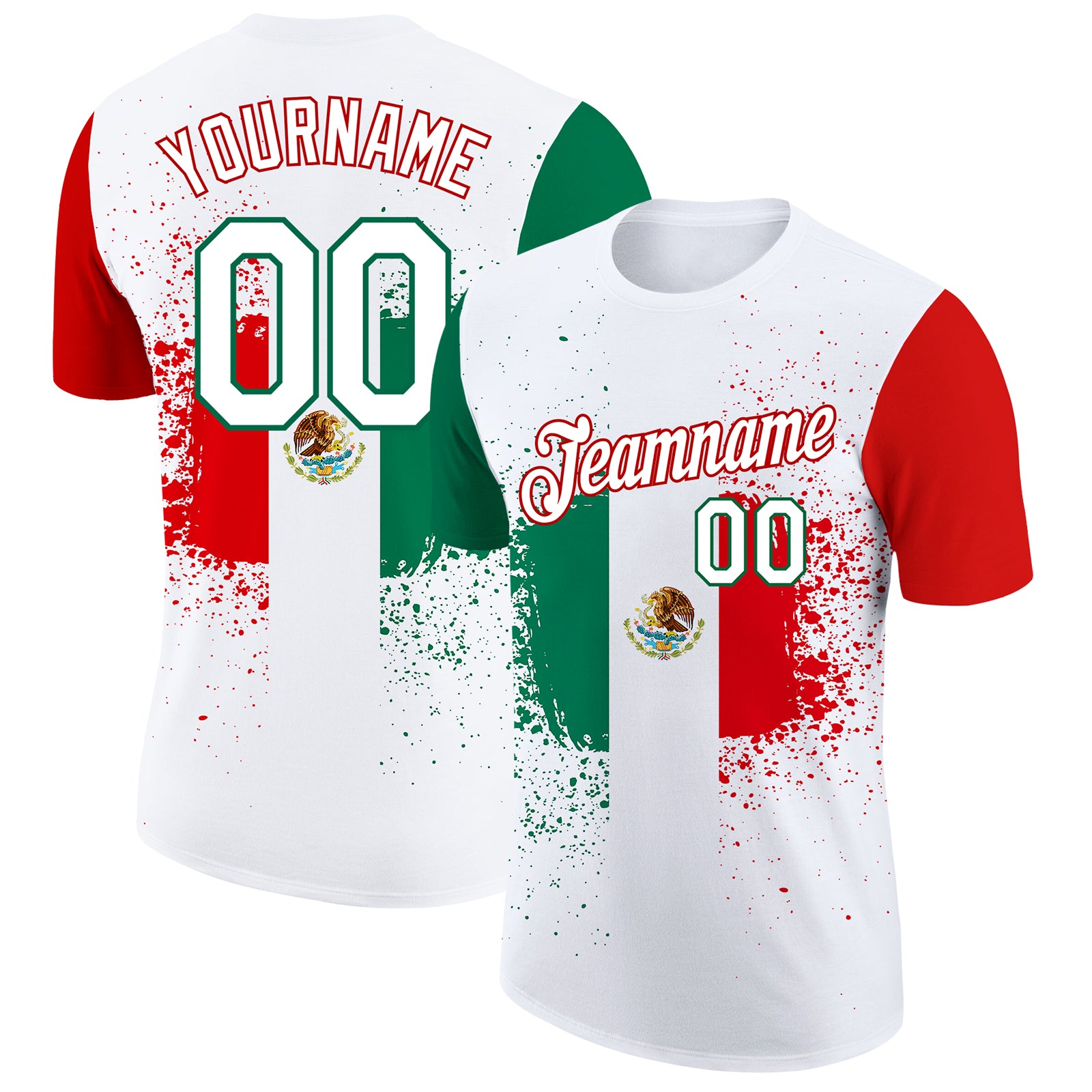 Personalized 3D Mexican Flag T-Shirt - White Kelly Green-Red Performance Tee Personalized White Kelly Green-Red 3D Mexican