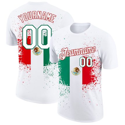 Custom 3D Mexican Flag Performance T-Shirt Personalized with Team Name and Number in White Kelly Green-Red Personalized White