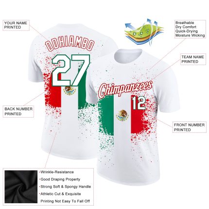 Custom 3D Mexican Flag Performance T-Shirt Personalized with Team Name and Number in White Kelly Green-Red Personalized White