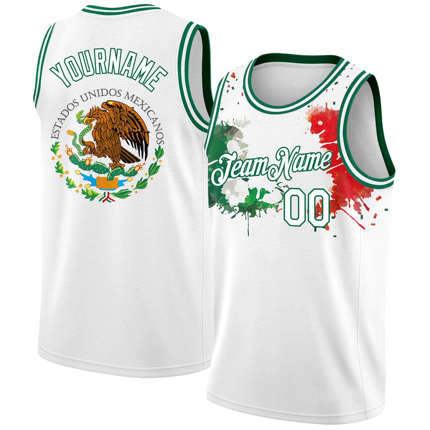 Customizable 3D Mexican Flag Basketball Jersey with Name & Number - White Kelly Green-Red Authentic Team Apparel Personalized
