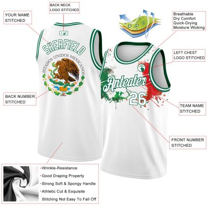 Customizable 3D Mexican Flag Basketball Jersey with Name & Number - White Kelly Green-Red Authentic Team Apparel Personalized