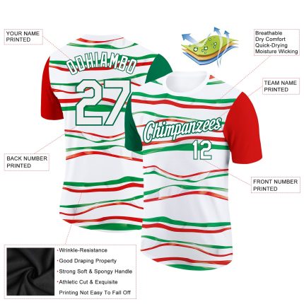 Personalized 3D Mexico Team T-Shirt with Custom Name and Number in White and Kelly Green-Red Personalized White Kelly Green-Red