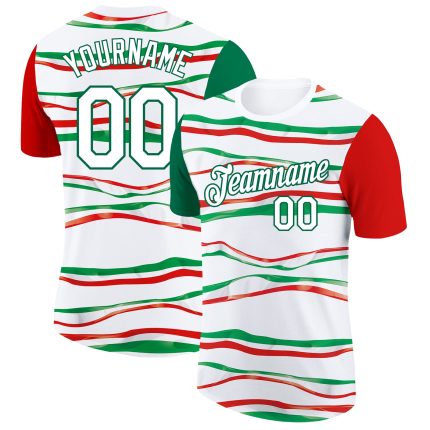 Personalized 3D Mexico Team T-Shirt with Custom Name and Number in White and Kelly Green-Red Personalized White Kelly Green-Red