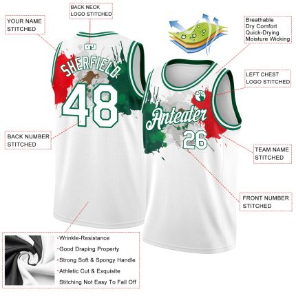 Authentic 3D Mexico Basketball Jersey with Custom Name & Number - Personalized White Kelly Green-Red Design Personalized