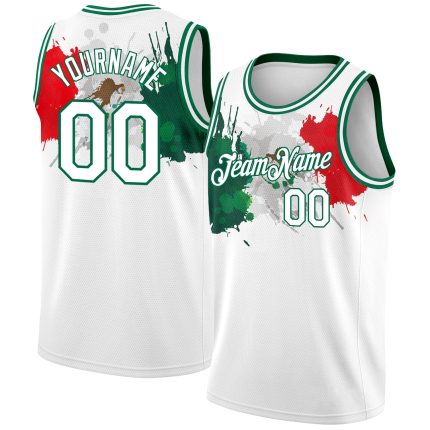 Authentic 3D Mexico Basketball Jersey with Custom Name & Number - Personalized White Kelly Green-Red Design Personalized