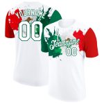 Custom 3D Mexico Splashes Performance T-Shirt with Personalized Name and Number in White, Kelly Green, and Red Personalized
