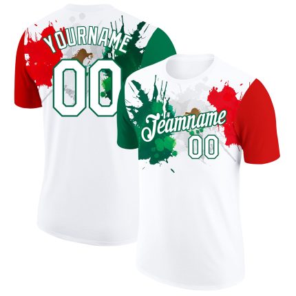 Custom 3D Mexico Splashes Performance T-Shirt with Personalized Name and Number in White, Kelly Green, and Red Personalized