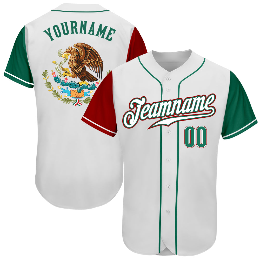 Custom Name Number Two Tone Baseball Jersey Authentic Mexico - Personalized White Kelly Green Red Personalized White Kelly