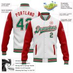 Personalized Two Tone Varsity Letterman Bomber Jacket - White Kelly Green-Red Full-Snap Personalized White Kelly Green-Red