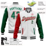 Custom Two Tone Varsity Letterman Jacket with Name & Number - Personalized White Kelly Green-Red Bomber Full-Snap Personalized