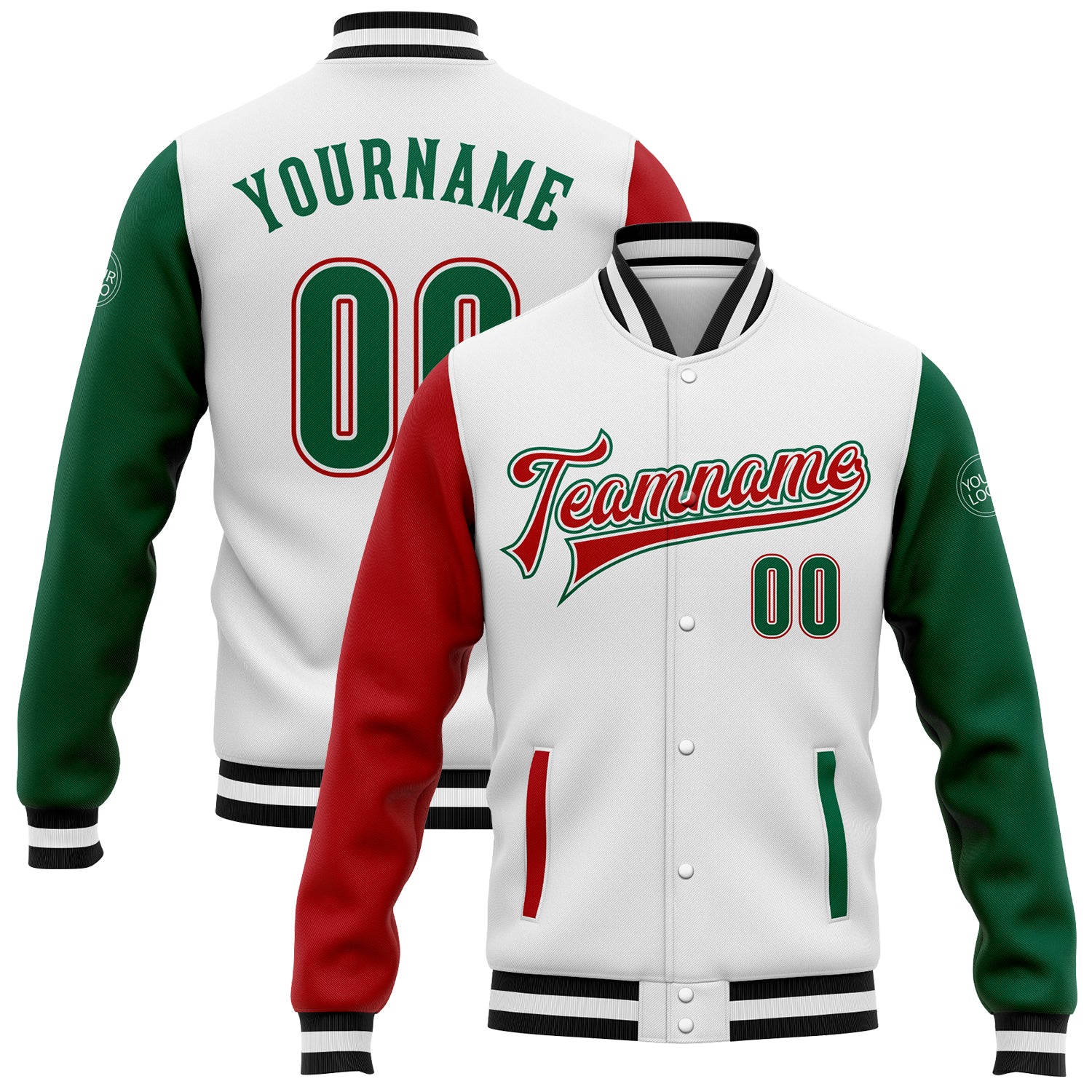Custom Two Tone Varsity Letterman Jacket with Name & Number - Personalized White Kelly Green-Red Bomber Full-Snap Personalized