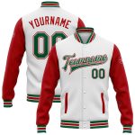 Personalized Two Tone Varsity Letterman Bomber Jacket - White Kelly Green-Red Full-Snap Personalized White Kelly Green-Red
