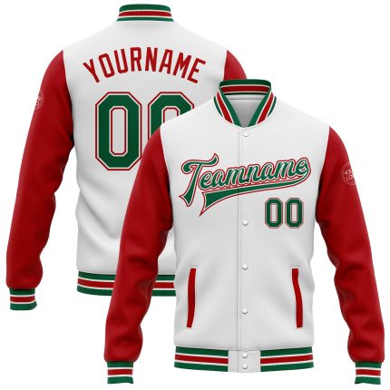 Personalized Two Tone Varsity Letterman Bomber Jacket - White Kelly Green-Red Full-Snap Personalized White Kelly Green-Red