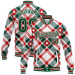 Custom Name and Number 3D Bomber Varsity Jacket for Christmas Tree Team - Personalized White Kelly Green-Red Full-Snap Letterman