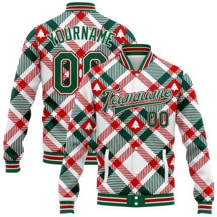 Custom Name and Number 3D Bomber Varsity Jacket for Christmas Tree Team - Personalized White Kelly Green-Red Full-Snap Letterman
