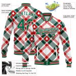 Custom Name and Number 3D Bomber Varsity Jacket for Christmas Tree Team - Personalized White Kelly Green-Red Full-Snap Letterman