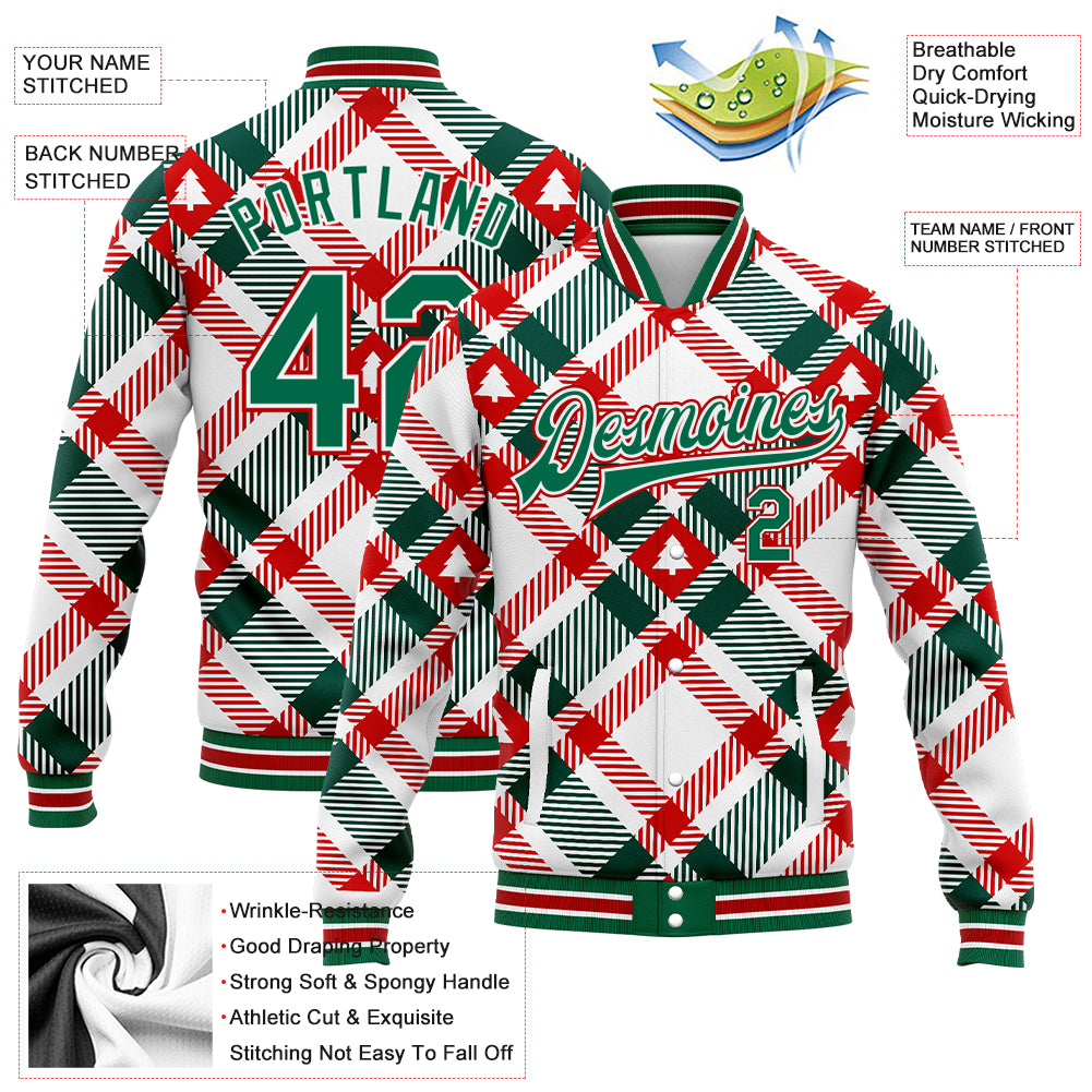 Personalized White Kelly Green-Red Christmas Tree 3D Bomber Full-Snap Varsity Letterman Jacket Team Custom Name and Number Custom Name and Number 3D Bomber Varsity Jacket for Christmas Tree Team - Personalized White Kelly Green-Red Full-Snap Letterman - Image 3