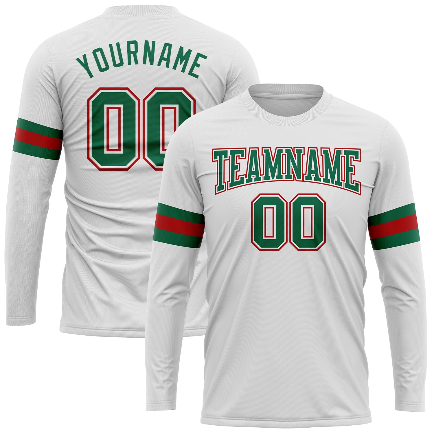 Custom Team T-Shirt with Name & Number - Personalized Long Sleeve Performance in White, Kelly Green & Red Personalized White