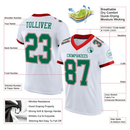Personalized Green Red Authentic Football Jersey - White Mesh Design Personalized White Kelly Green-Red Mesh Authentic Football