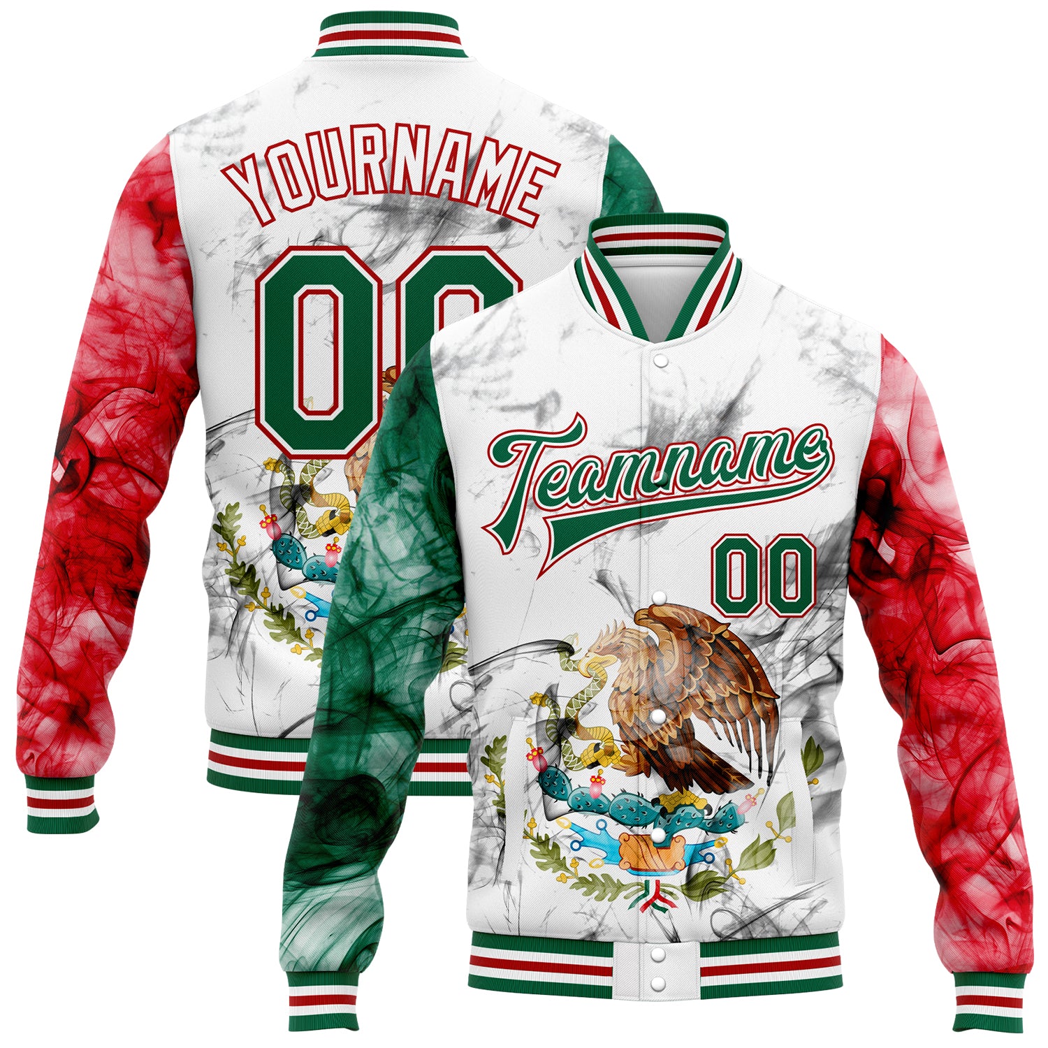 Custom Mexico 3D Bomber Varsity Letterman Jacket in White Kelly Green-Red with Personalized Name and Number Personalized