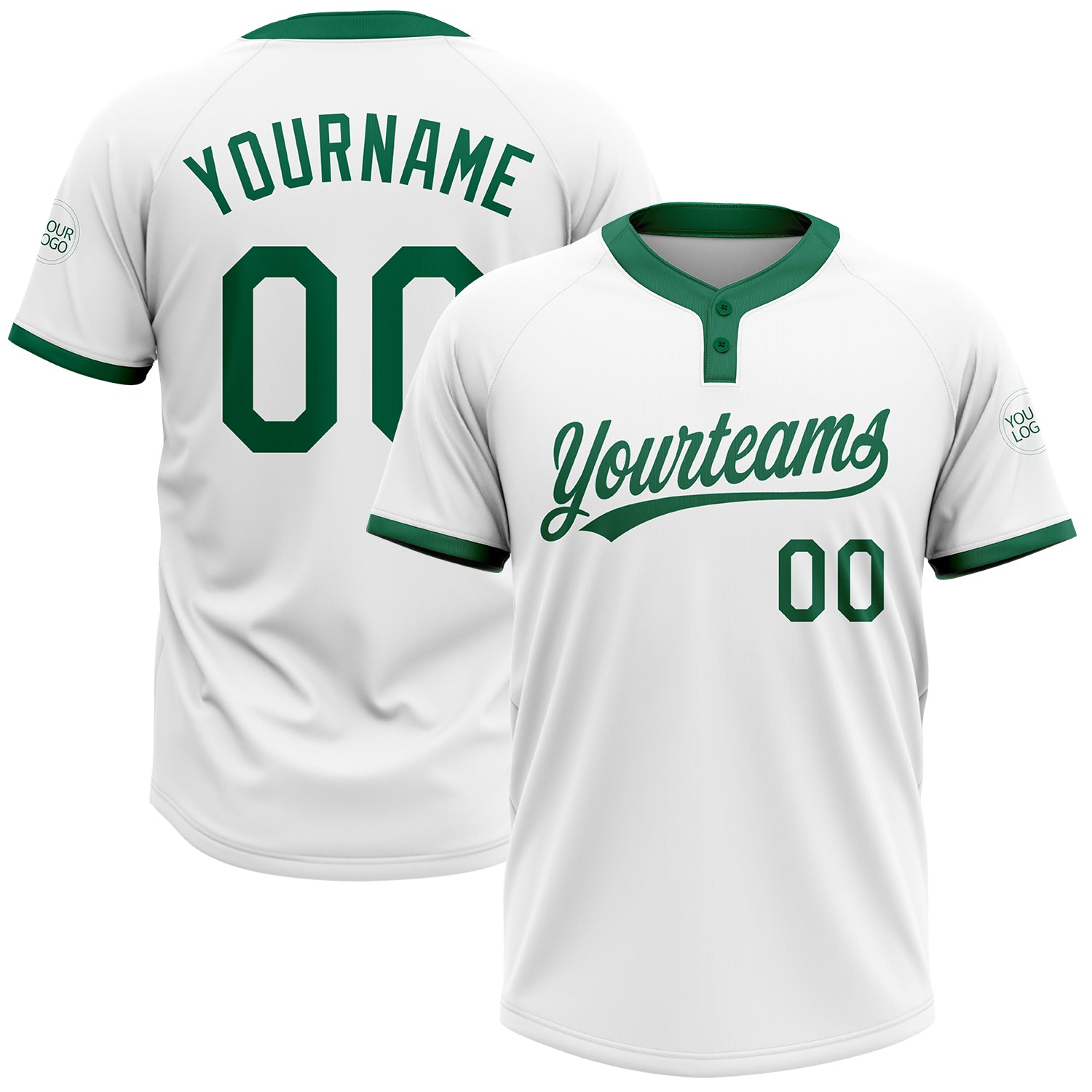 Custom Name and Number Unisex Softball Jersey in White and Kelly Green - Two-Button Design Personalized White Kelly Green