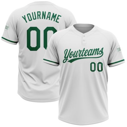 Personalized Unisex Softball Jersey in White and Kelly Green, Two-Button Style Personalized White Kelly Green Two-Button